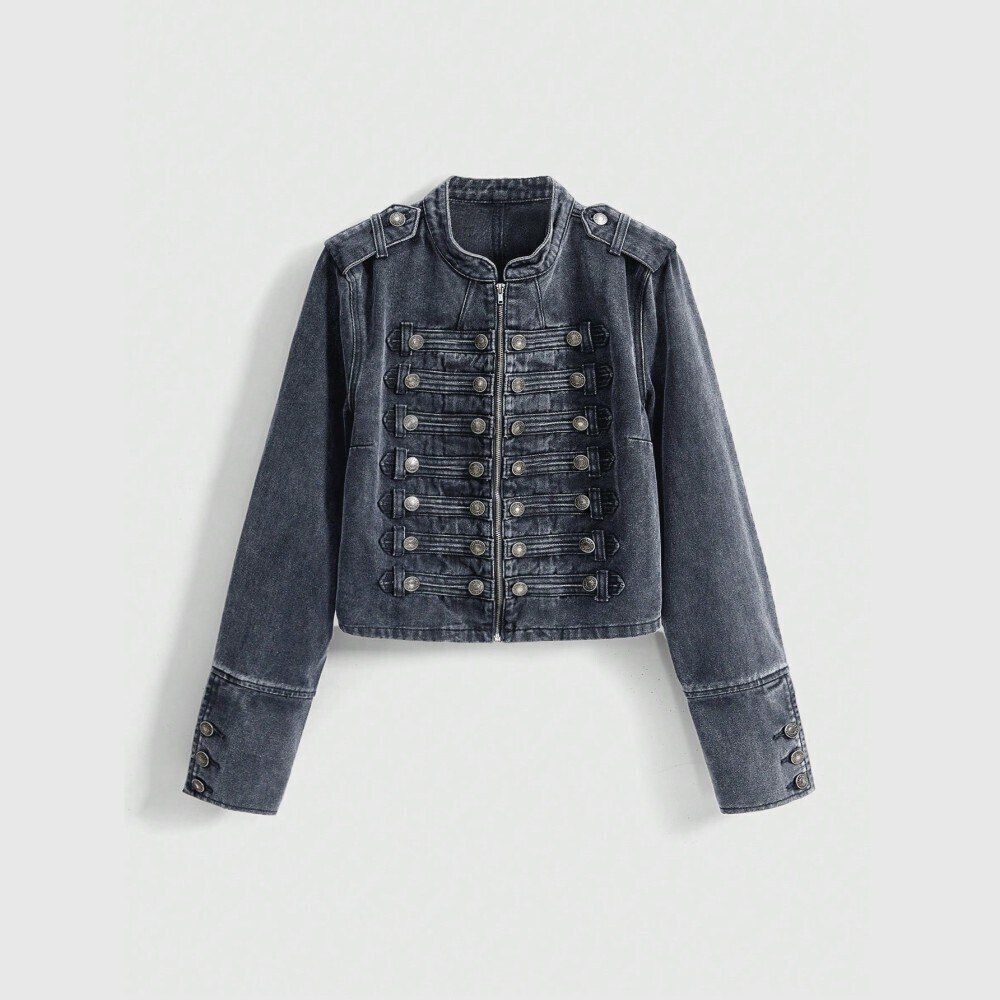 Gray Denim Military Band Jacket with Silver Button Trim - Picture 4 of 7